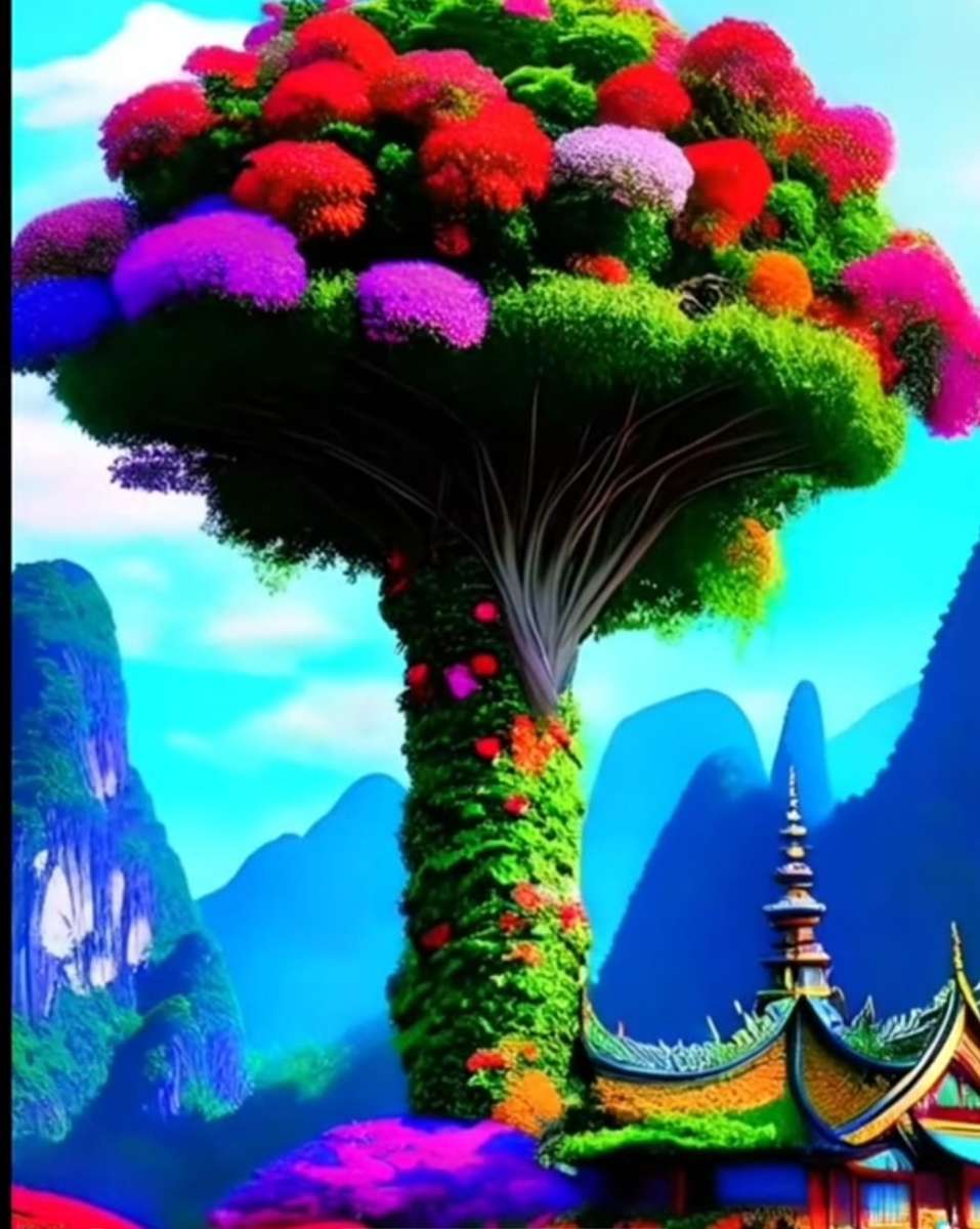 árvore colorida de conto de fadas puzzle online