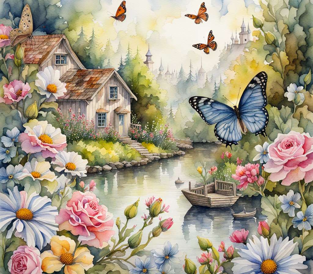 Пейзаж с цветя и пеперуди онлайн пъзел