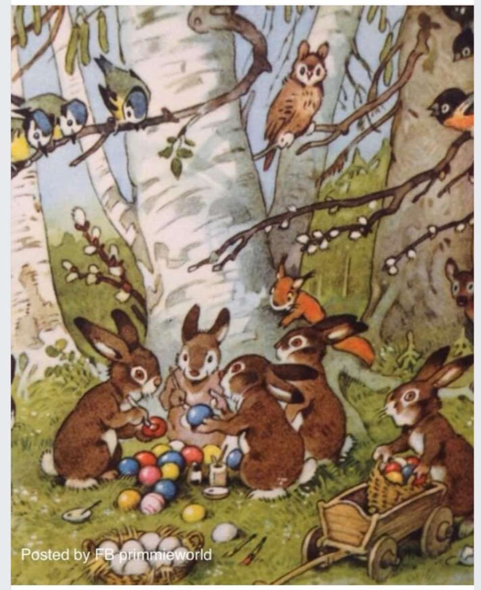 Many bunnies painting eggs. jigsaw puzzle online