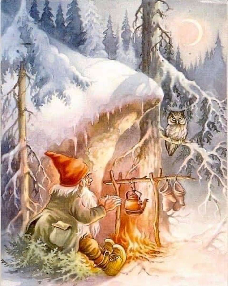 o elfo se aquece em frente ao fogo puzzle online