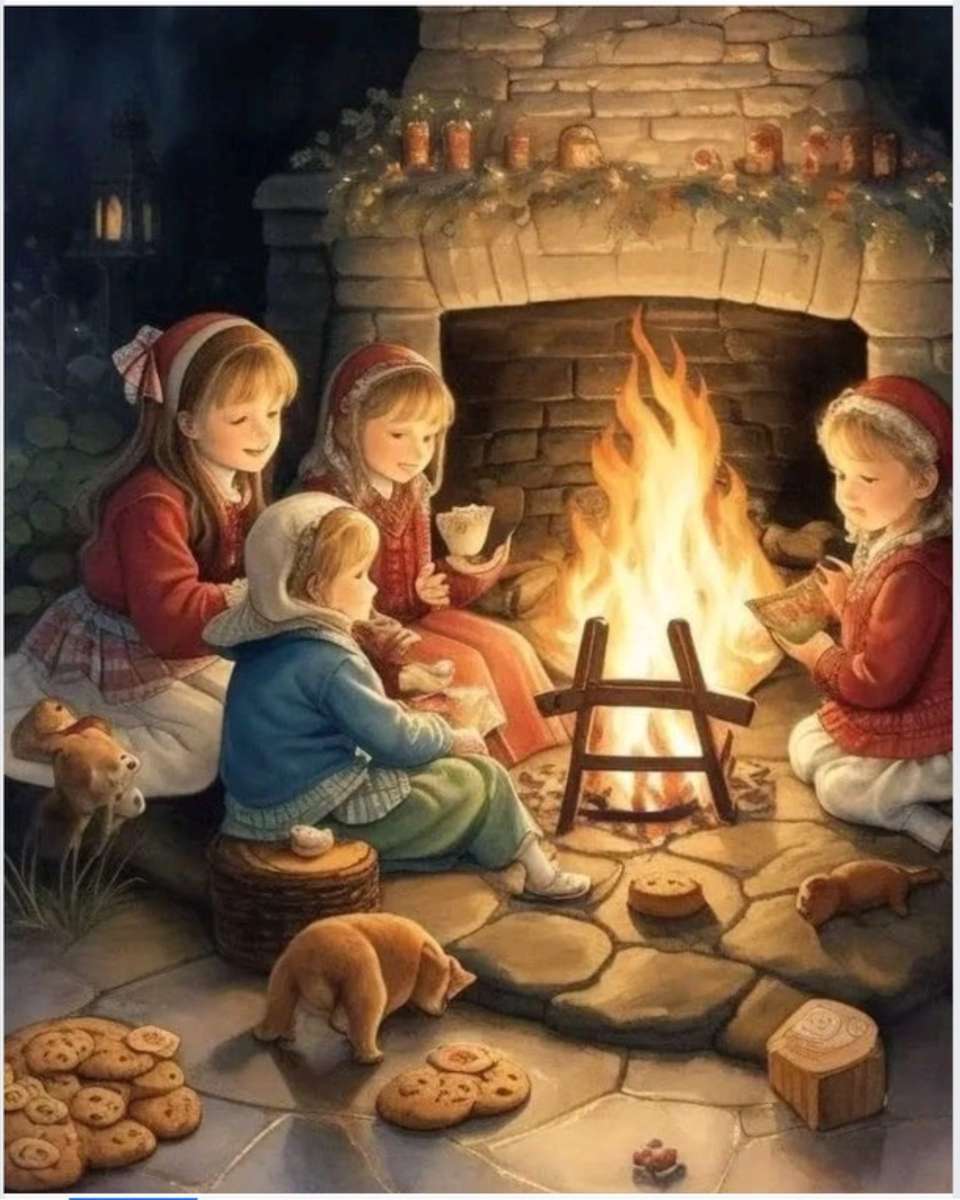 Cuatro niñas sentadas junto al fuego. rompecabezas en línea