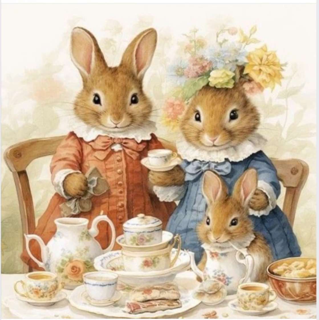 La famille des lapins adore leurs tasses à thé en porcelaine. puzzle en ligne
