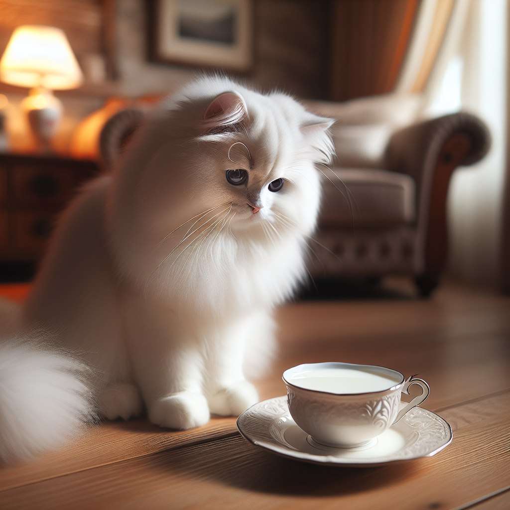 Un gato blanco mira la leche. rompecabezas en línea