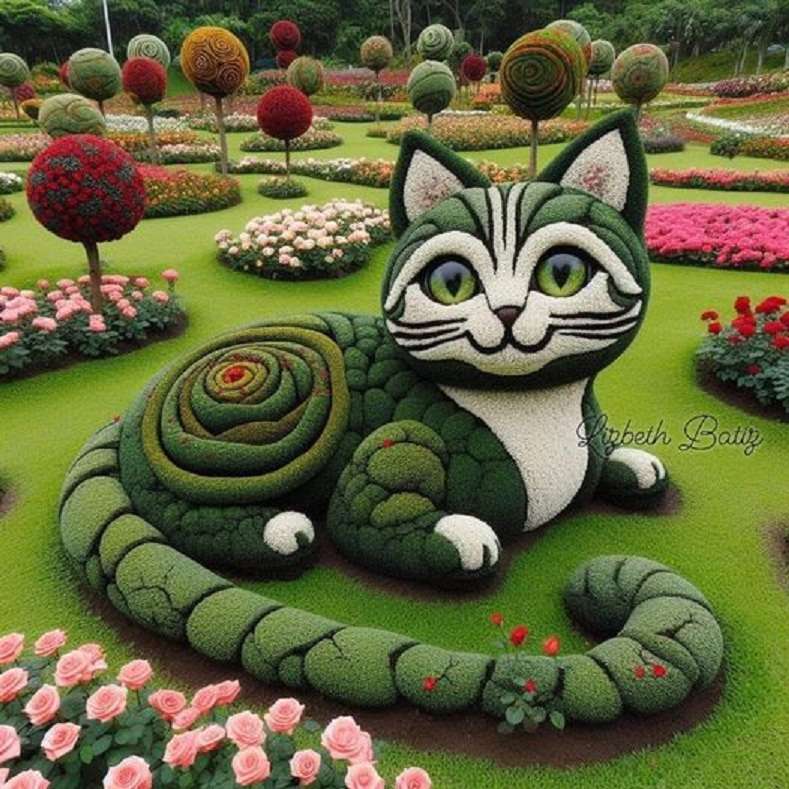 Gyönyörű kert macska alakú kirakós online