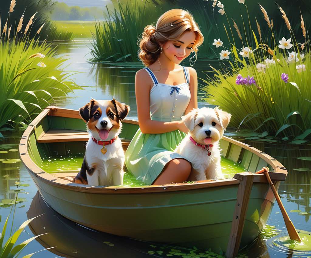 Linda chica con sus cachorros en un barco. rompecabezas en línea
