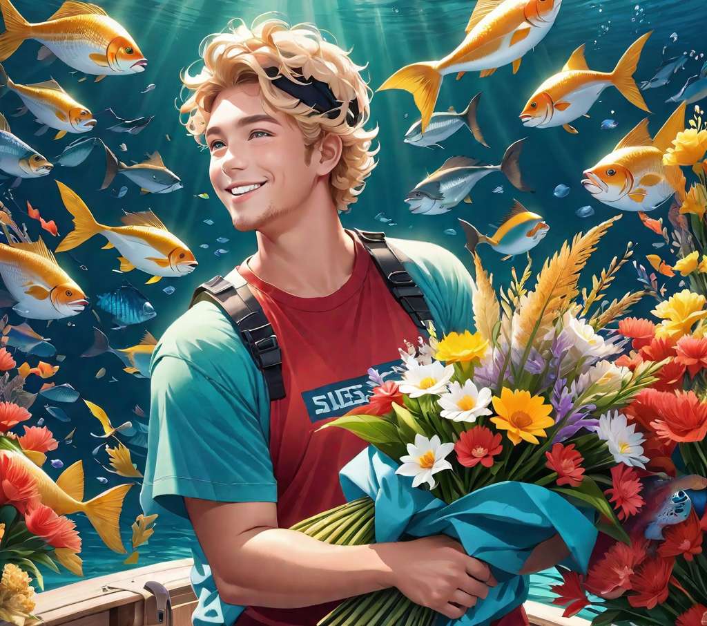 Fischer auf einem Boot mit einem Blumenstrauß Online-Puzzle