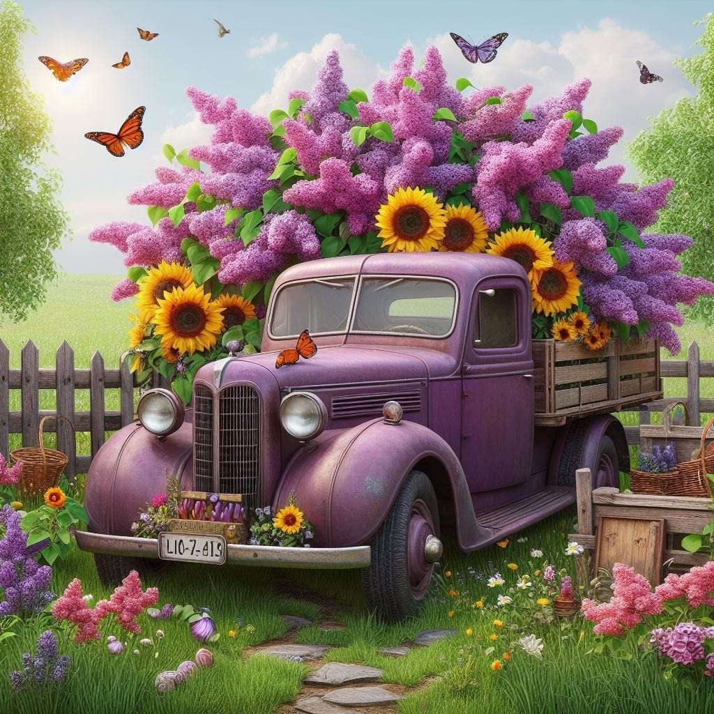 Paarse auto met bloemen legpuzzel online