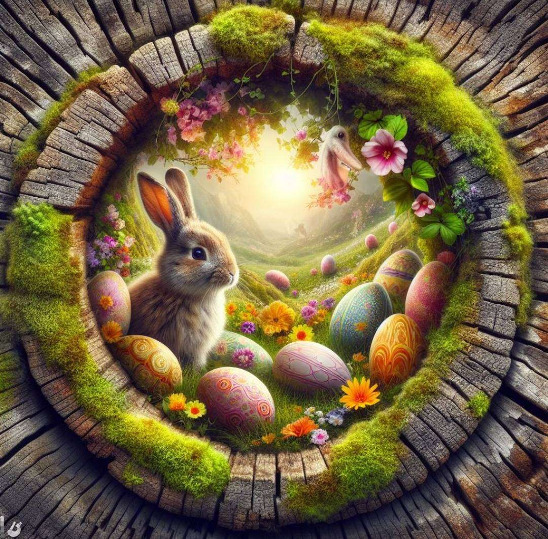 Coniglietto di Pasqua nella corteccia dell'albero puzzle online