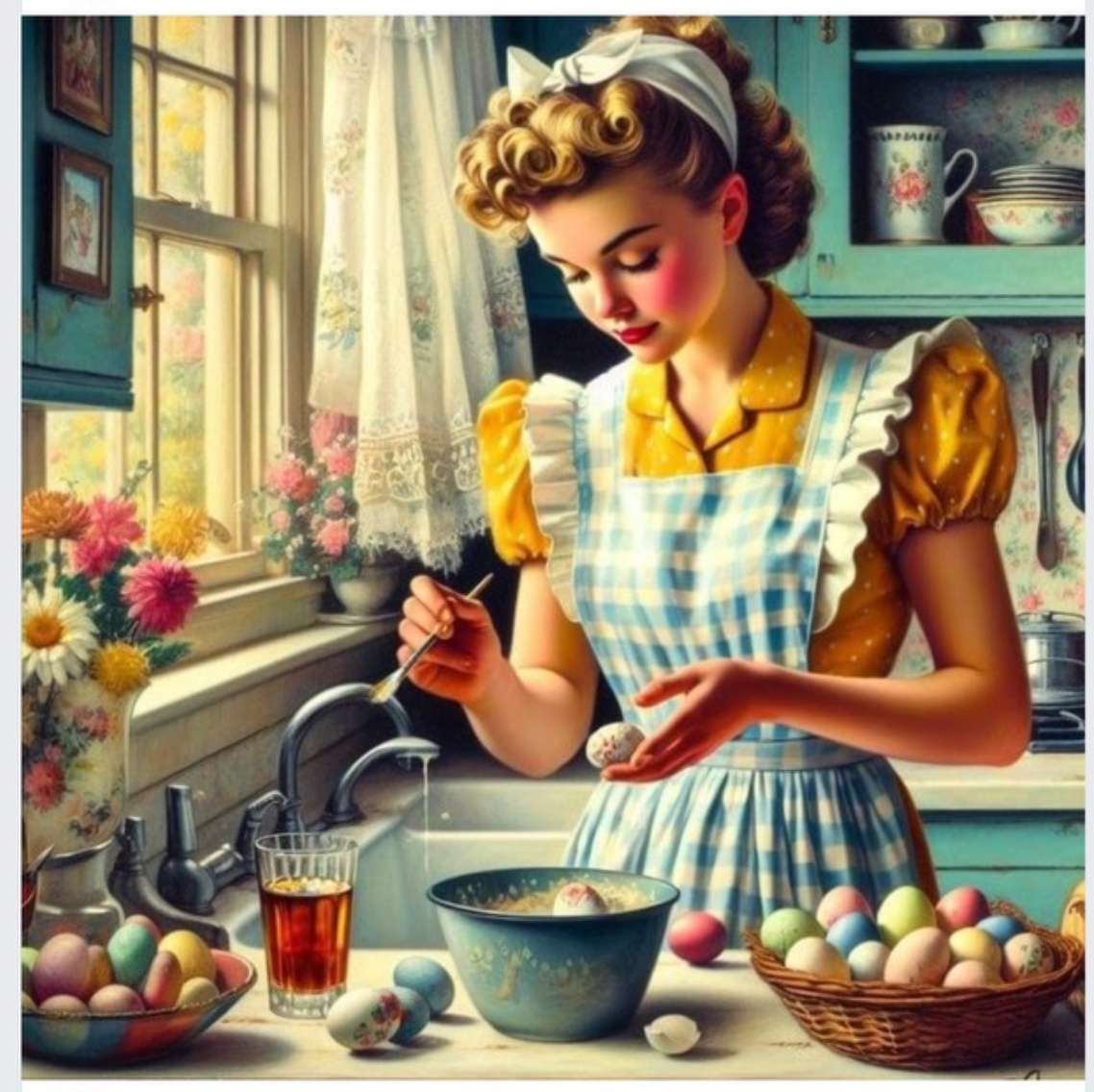 Une maman colore des œufs pour Pâques puzzle en ligne