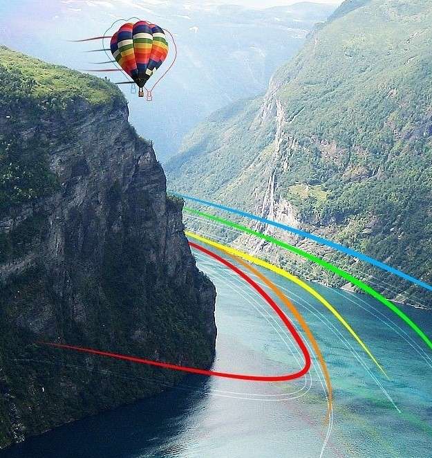 岩と川の上の気球 ジグソーパズルオンライン