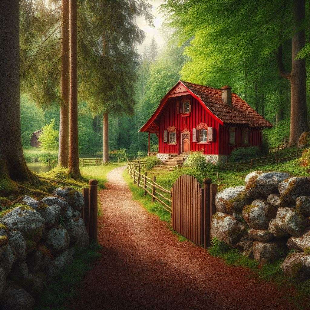 Eine kleine rote Hütte im Wald Puzzlespiel online