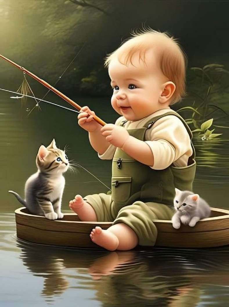 かわいい子猫と釣りをする赤ちゃん オンラインパズル