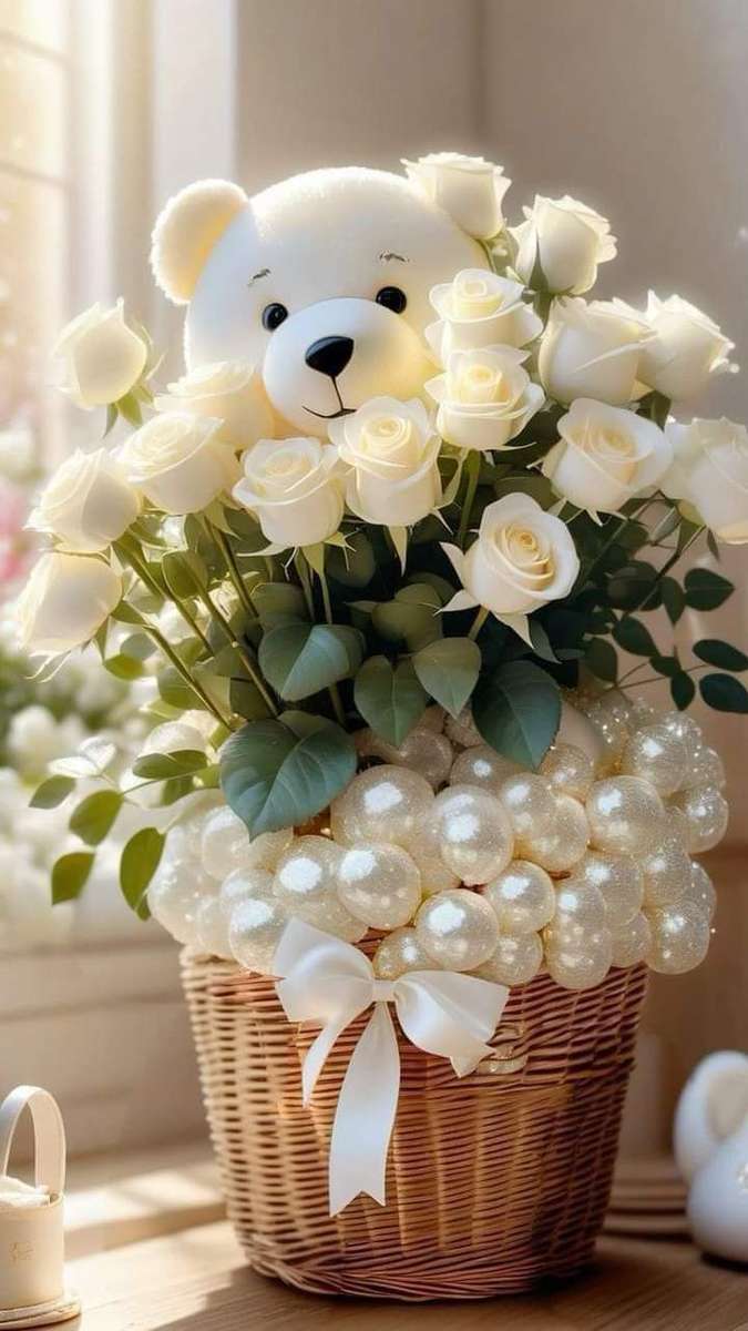 bouquet con un orsacchiotto bianco puzzle online