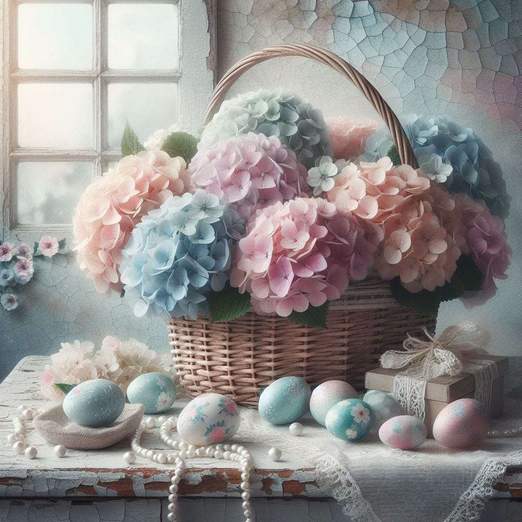 Hortensias y huevos de Pascua rompecabezas en línea