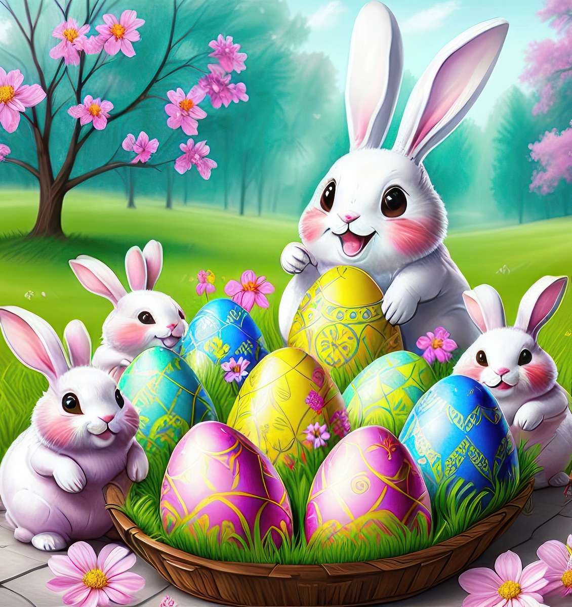 Conejos felices con huevos de Pascua rompecabezas en línea
