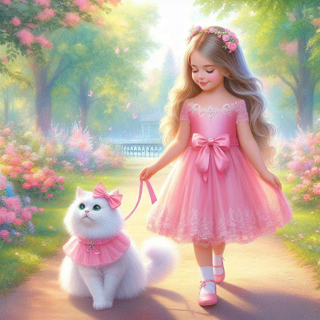Розовая девочка, розовый кот. пазл онлайн