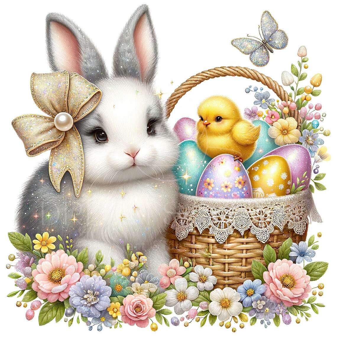 Зайче с пиленце и великденски яйца в кошница онлайн пъзел