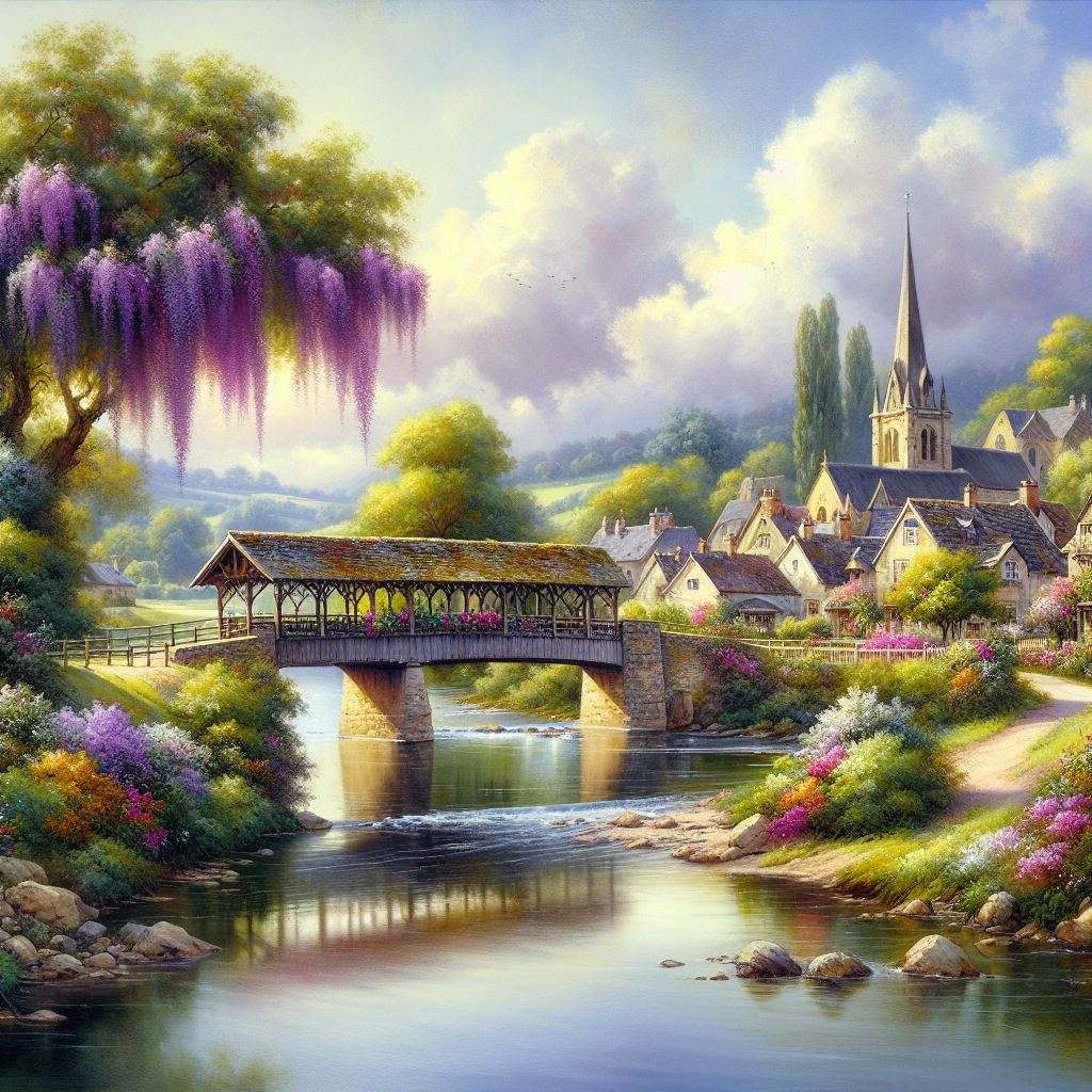 Un village tranquille niché au bord d'une rivière calme puzzle en ligne
