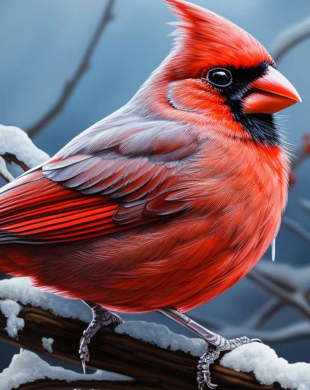 Cardinal roșu pe o ramură acoperită de zăpadă jigsaw puzzle online