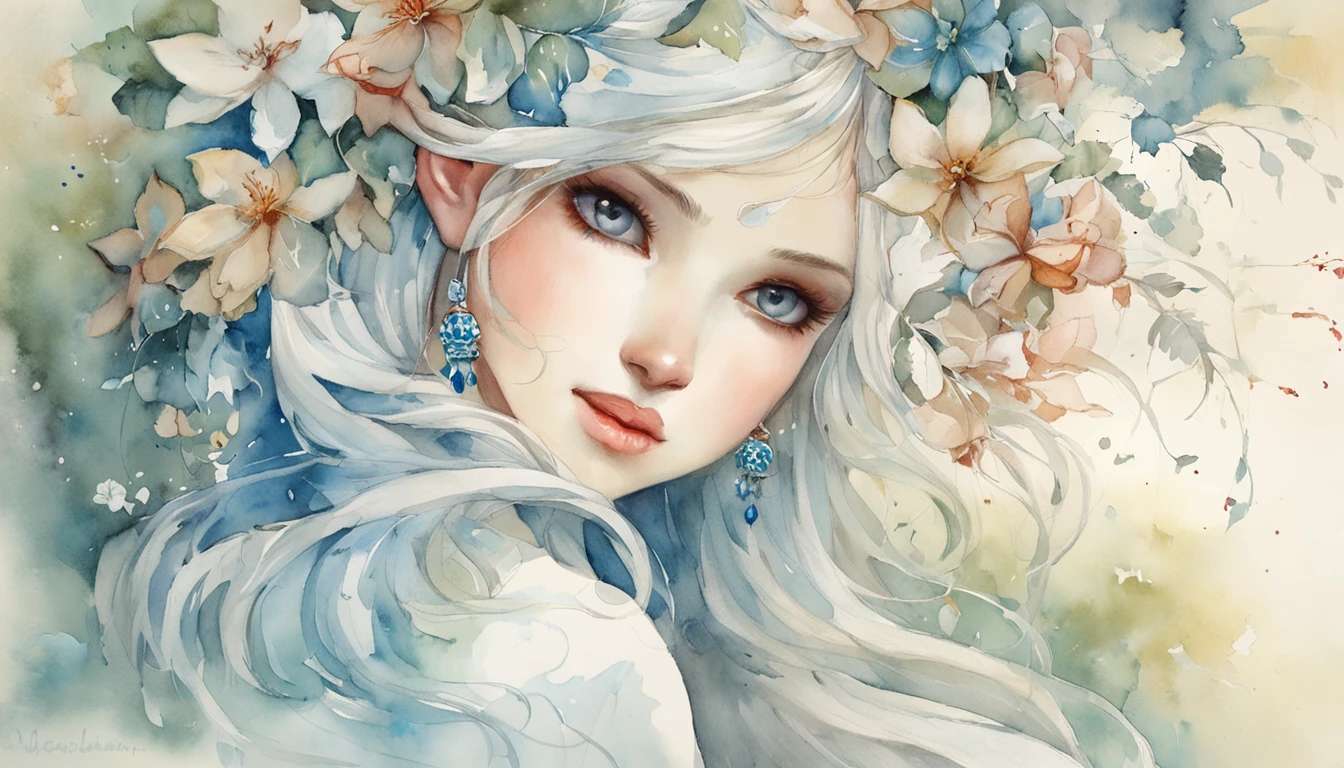 Hermosa elfa - Flores, ojos azules, pelos largos. rompecabezas en línea
