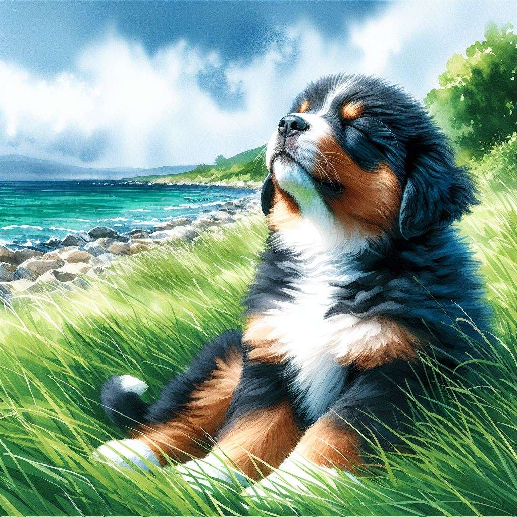 緑豊かな草の中に座っている子犬 オンラインパズル