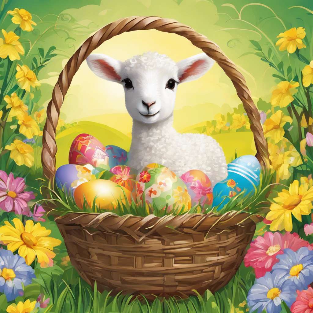 Agnello in un cestino tra le uova di Pasqua puzzle online
