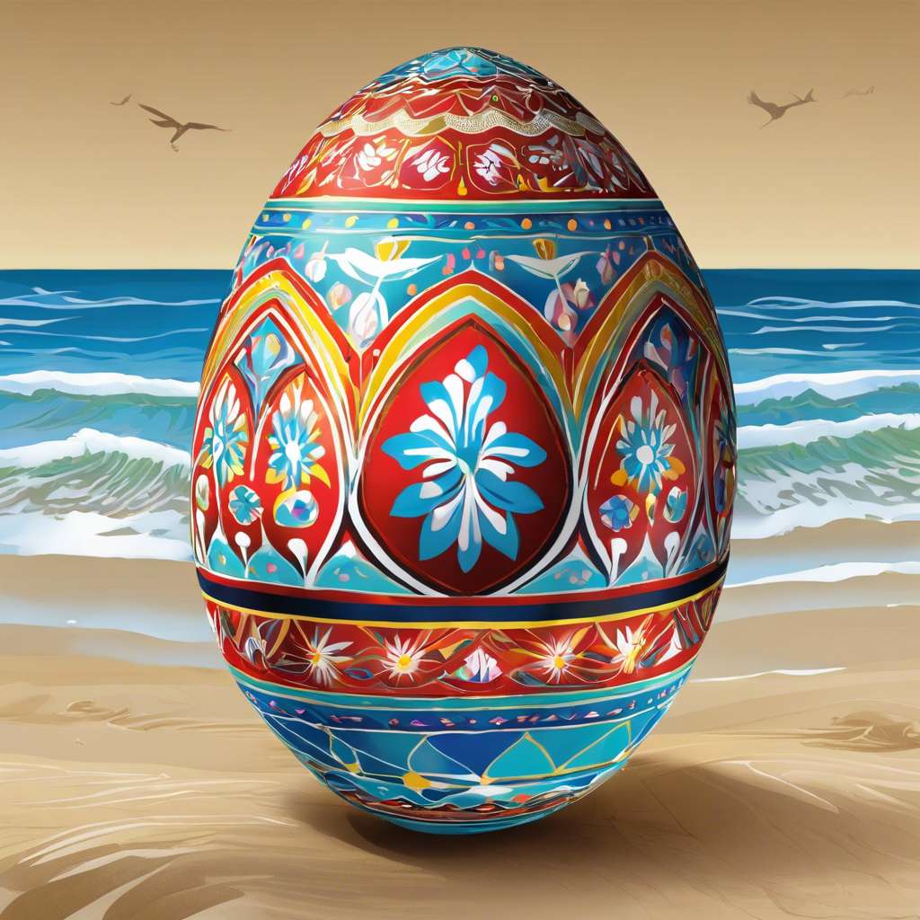Un gran huevo de Pascua junto al mar. rompecabezas en línea