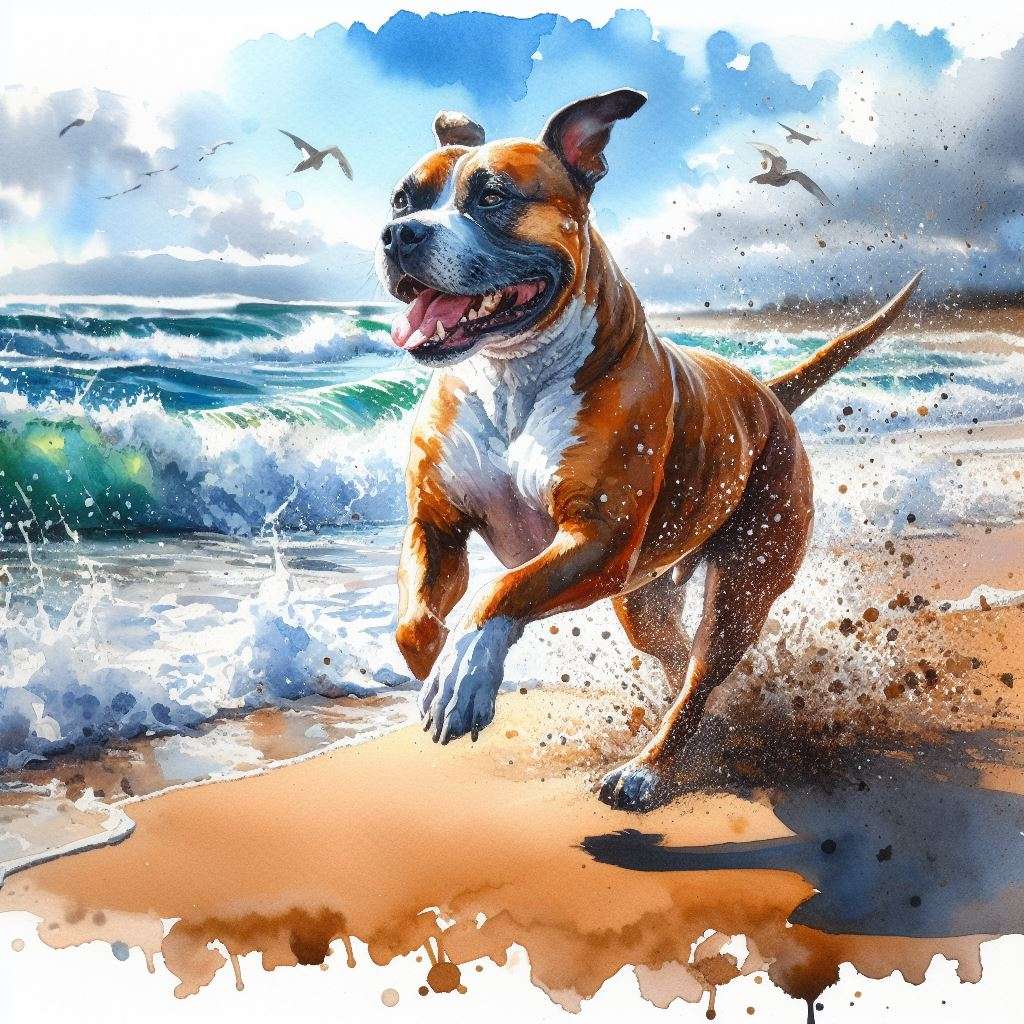 Pes radostně běží na písečné pláži online puzzle