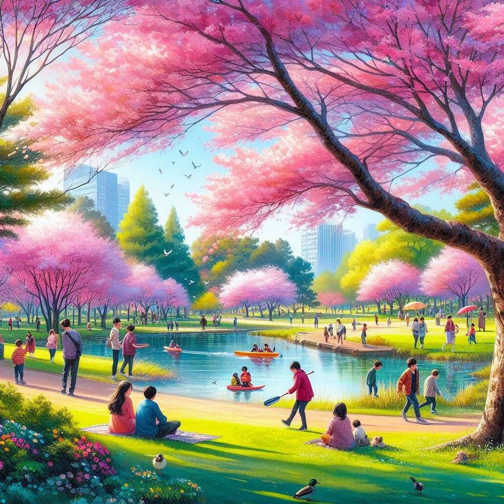 Um cenário de parque vibrante e animado durante a primavera quebra-cabeças online