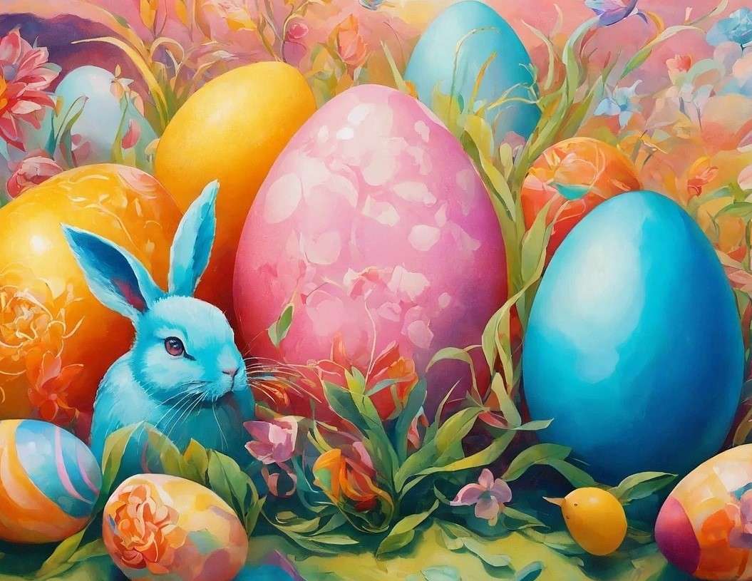 Blå kanin bland färgglada ägg Pussel online