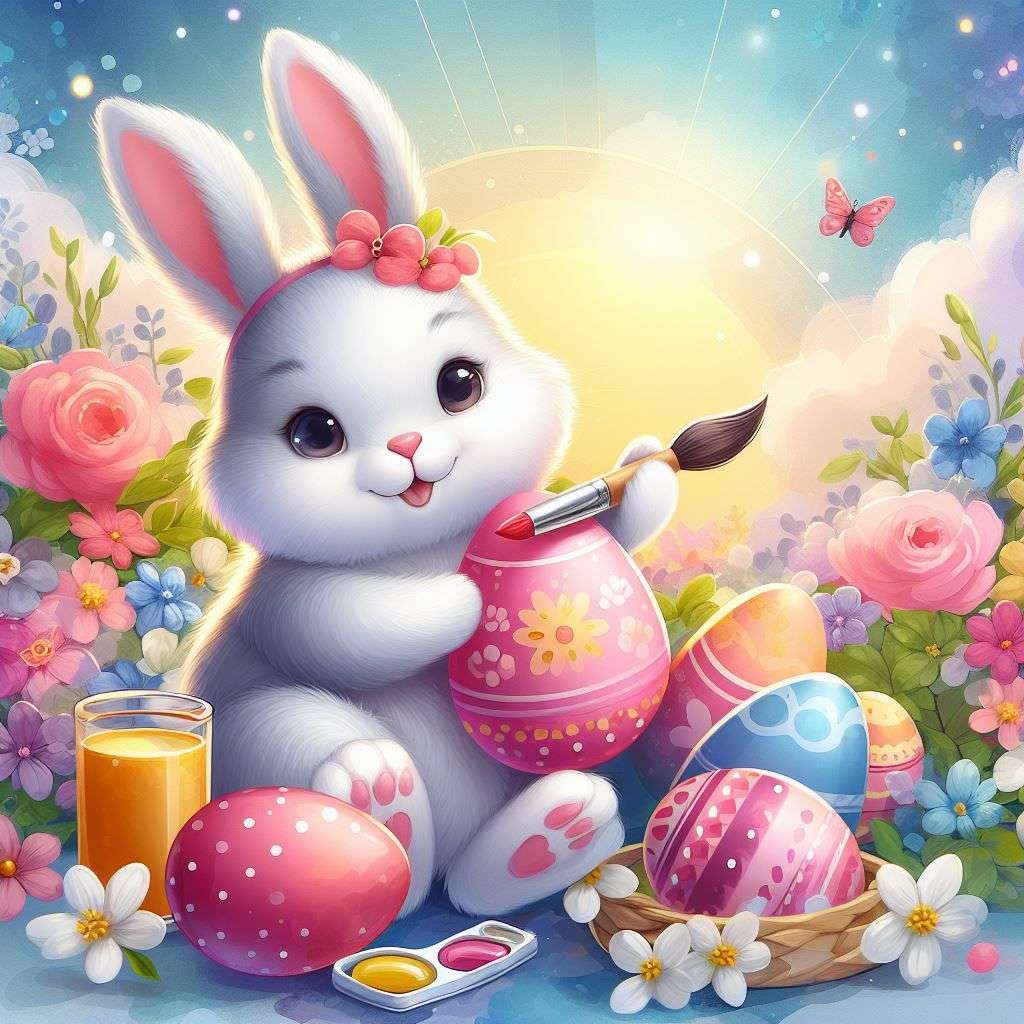 El conejito pinta huevos de Pascua. rompecabezas en línea