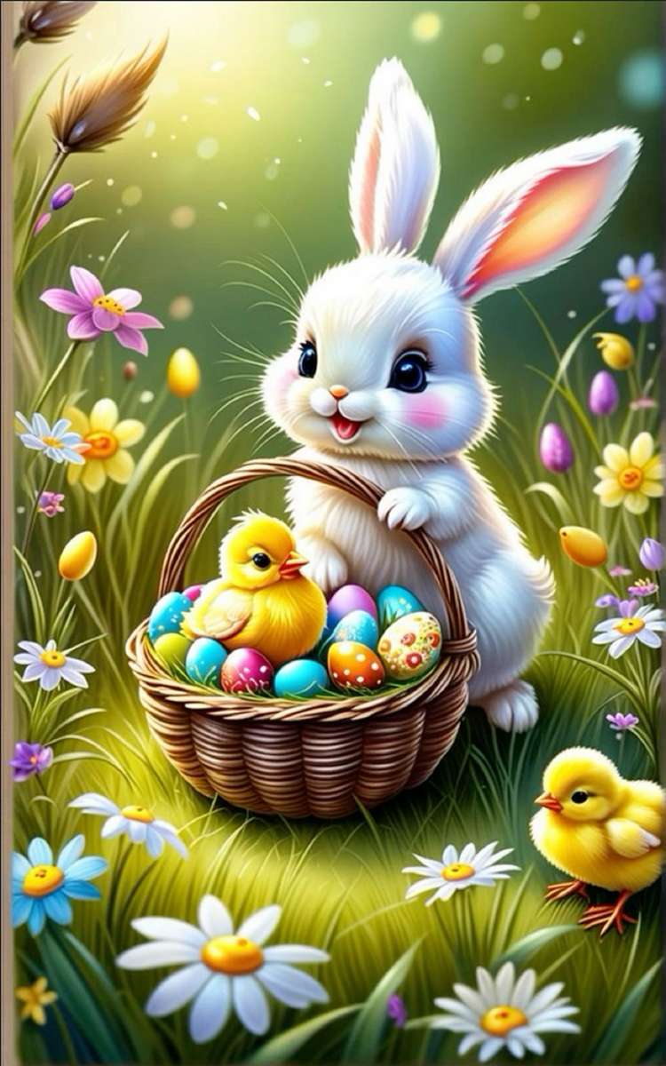 Великденски заек и кошница с великденски яйца онлайн пъзел