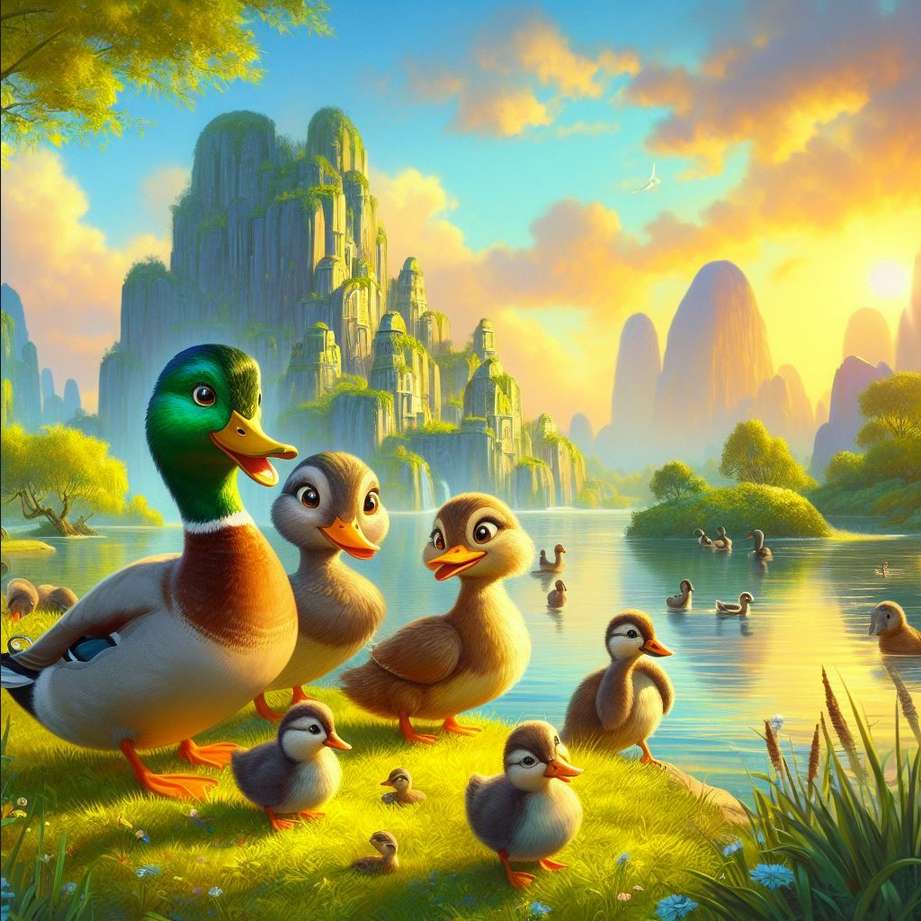 bela paisagem infantil com patos e lago puzzle online