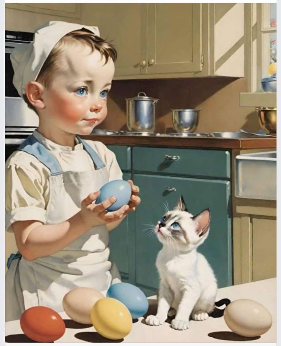 Маленький мальчик и котенок пазл онлайн