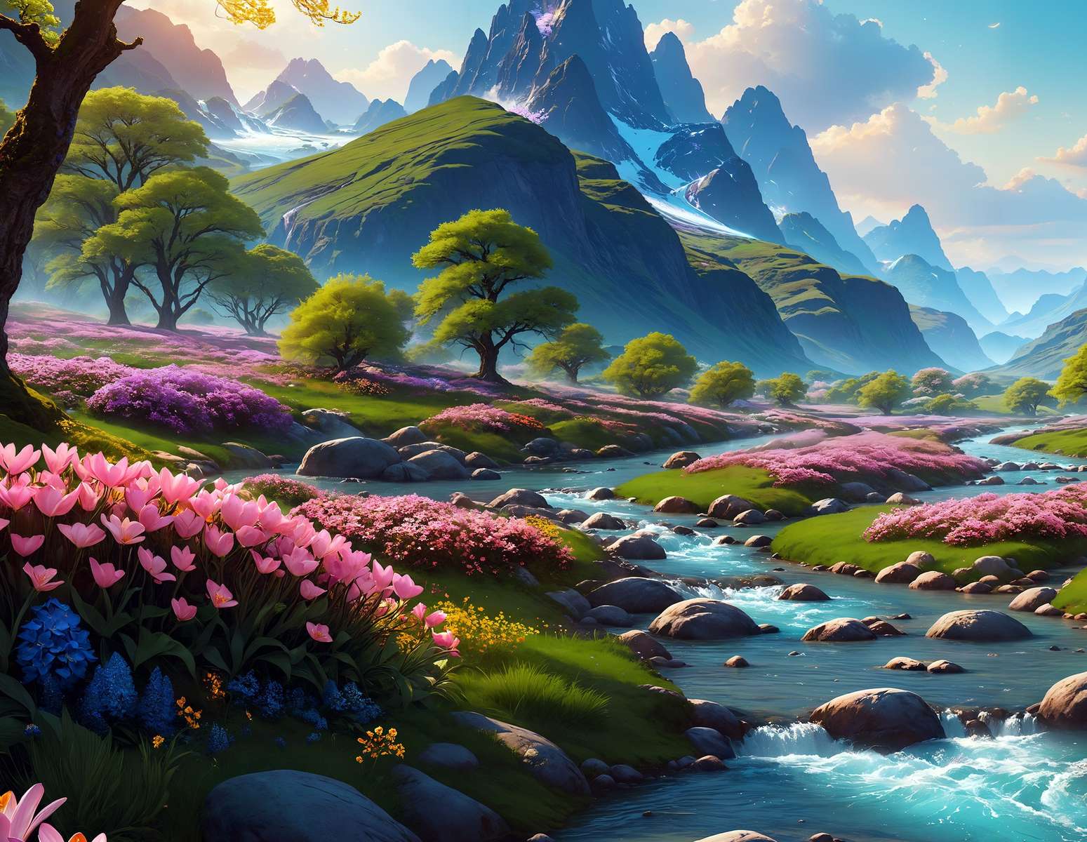 Ruisseau de montagne et fleurs printanières puzzle en ligne