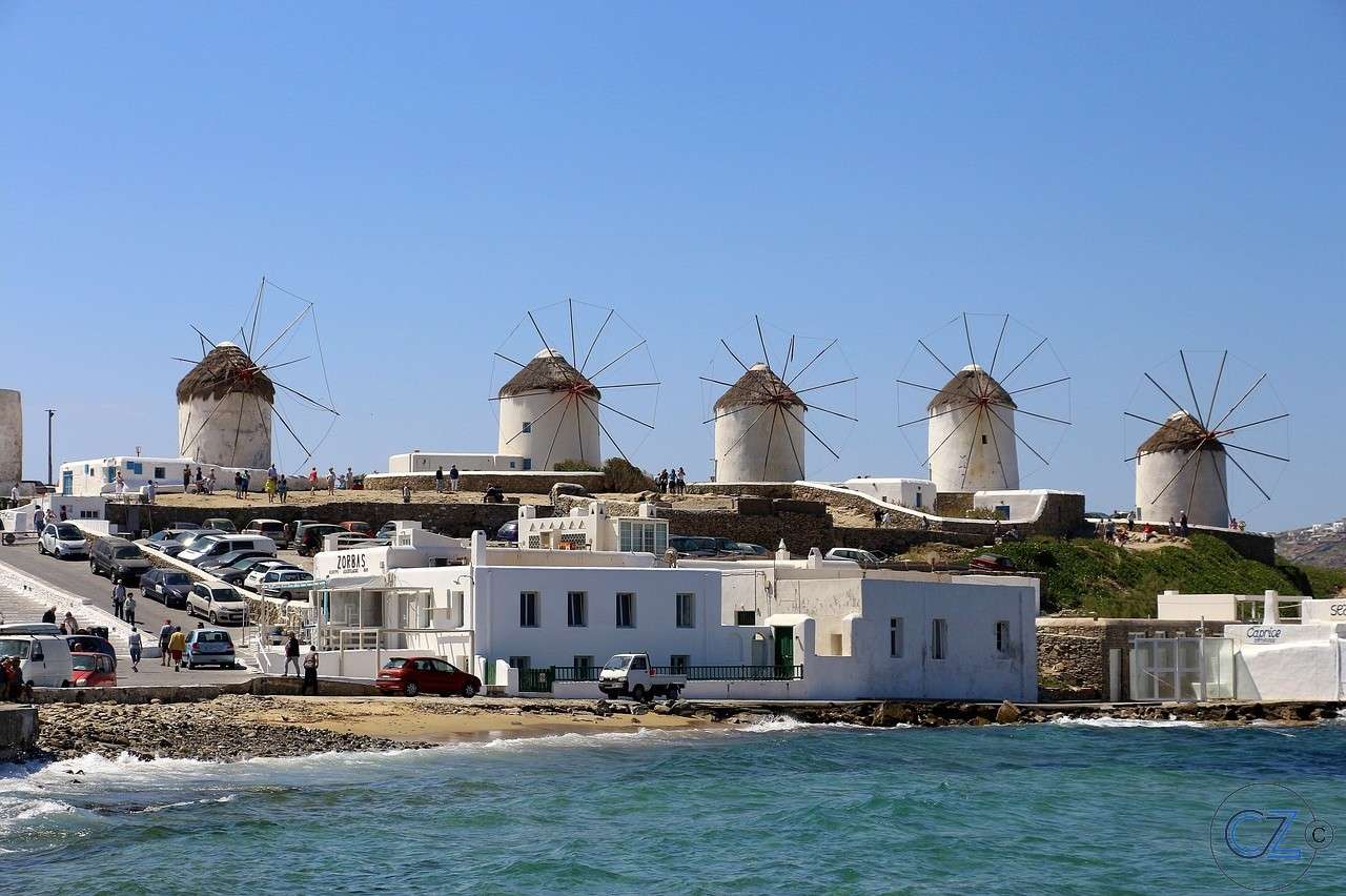 Mykonos, Grekland, väderkvarnar pussel på nätet