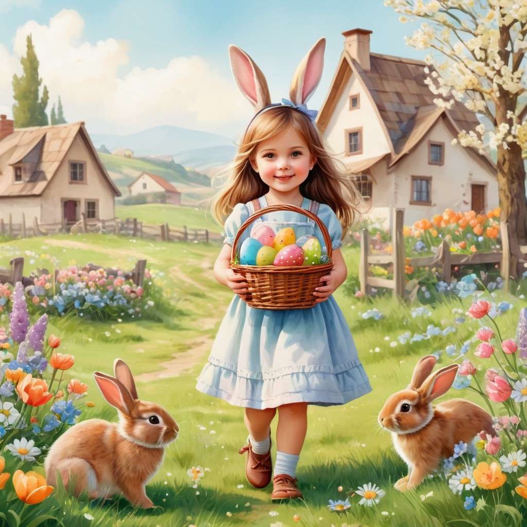 Великденски зайци и момиче онлайн пъзел