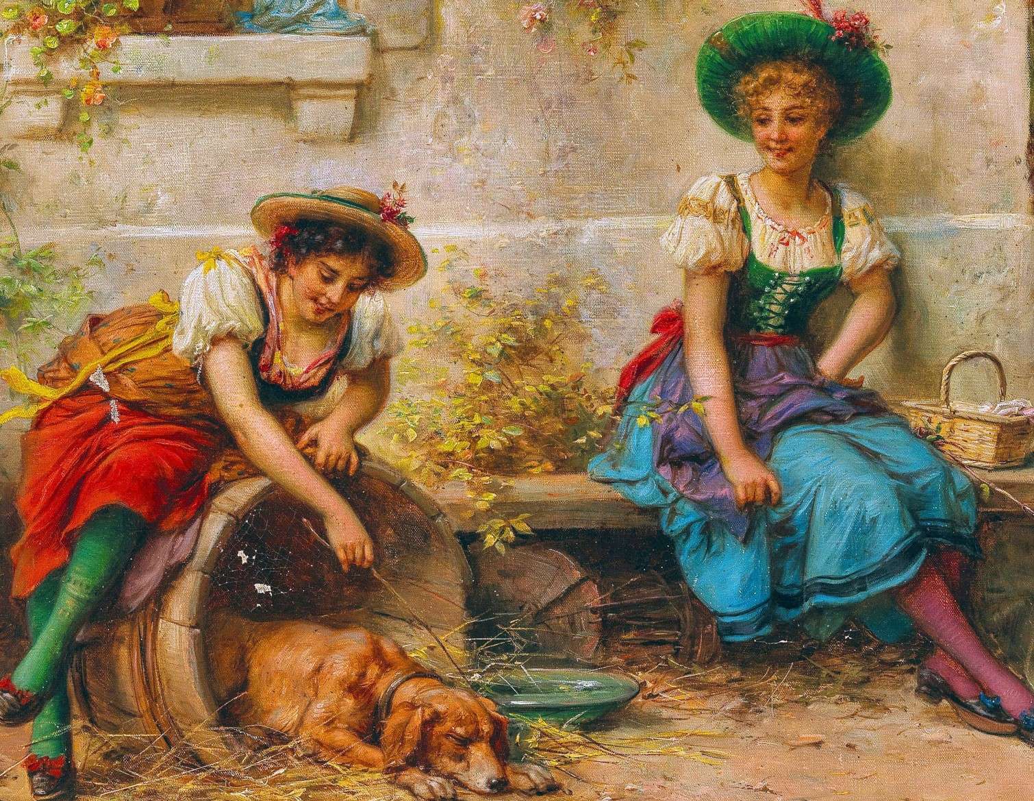 Kvinnor och en hund i en målning av en österrikisk målare Pussel online