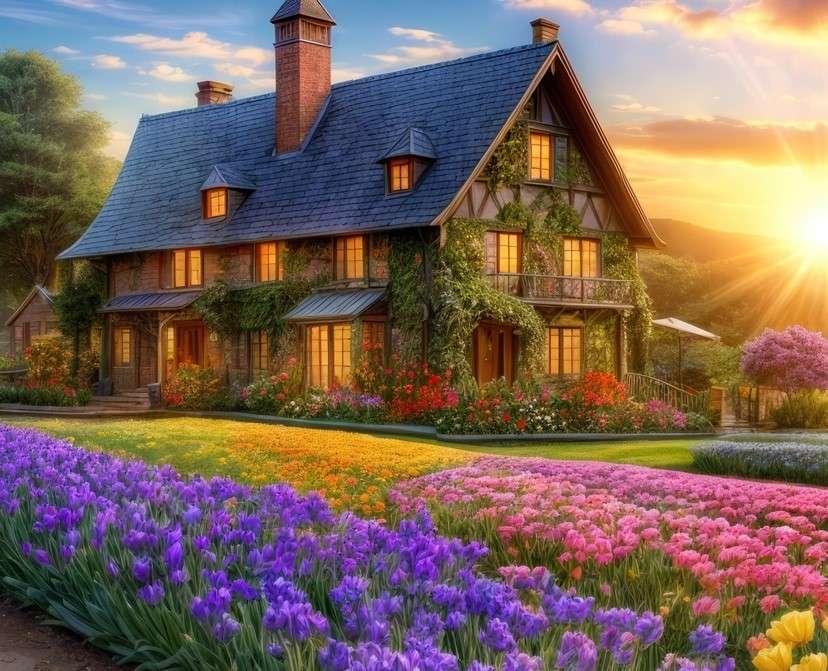 Земята на къщата е пълна с цветя онлайн пъзел
