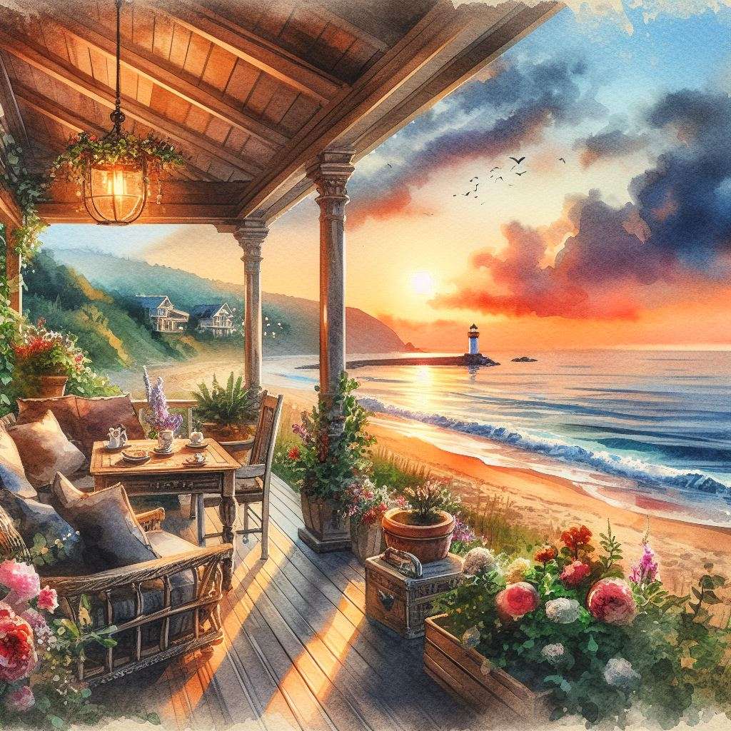 Een rustig strand bij zonsondergang online puzzel
