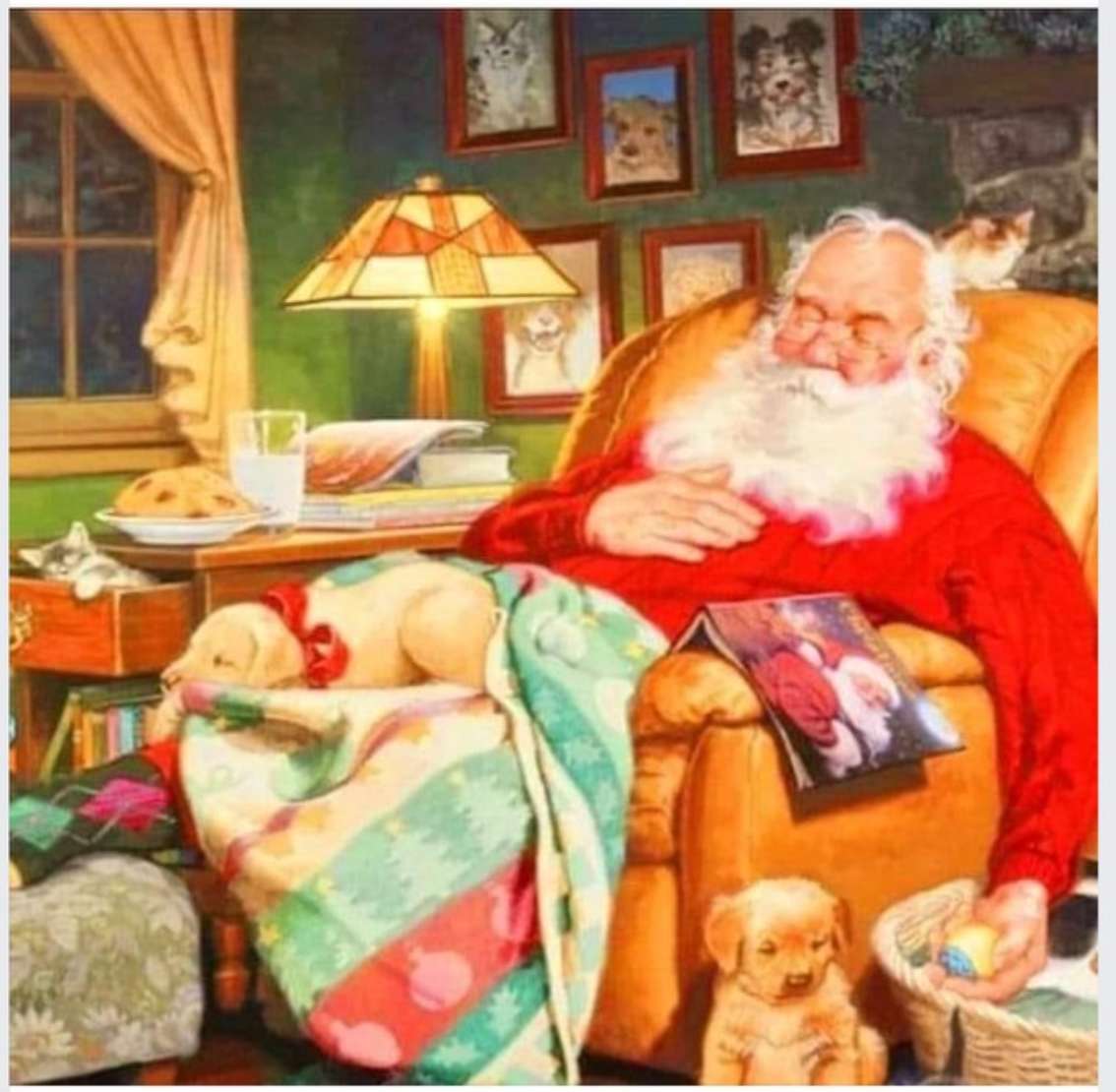 Дядо Коледа дреме с домашните си любимци онлайн пъзел