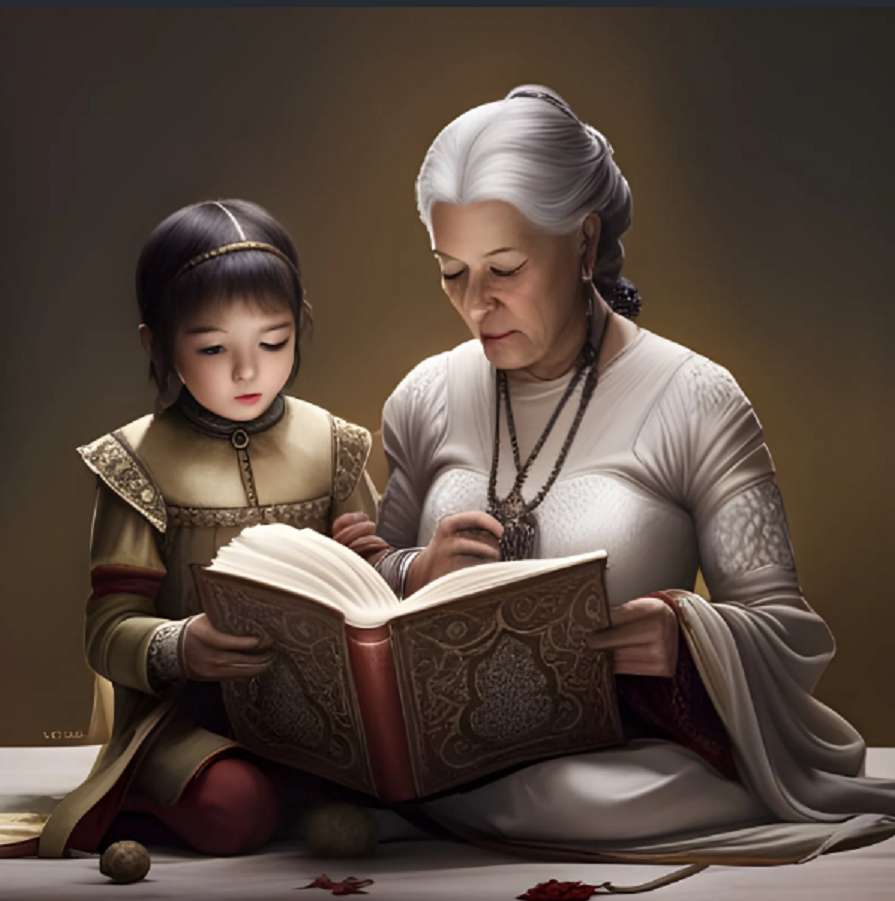 Mormor läser en bok för sitt barnbarn pussel på nätet