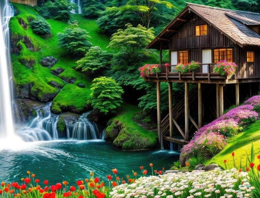 A house on stilts next to a waterfall jigsaw puzzle online