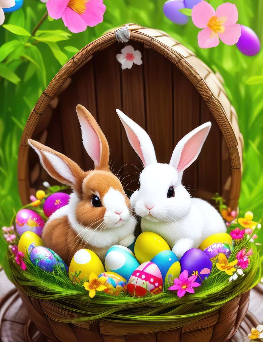Pascua con conejitos y huevos machos. rompecabezas en línea
