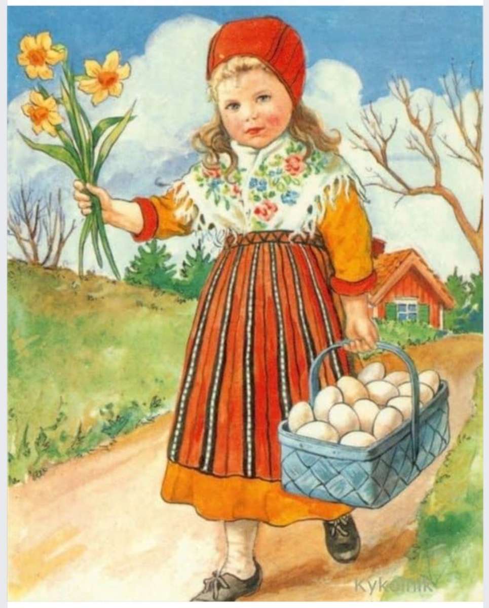 Μικρό κορίτσι με τα λουλούδια και τα αυγά online παζλ