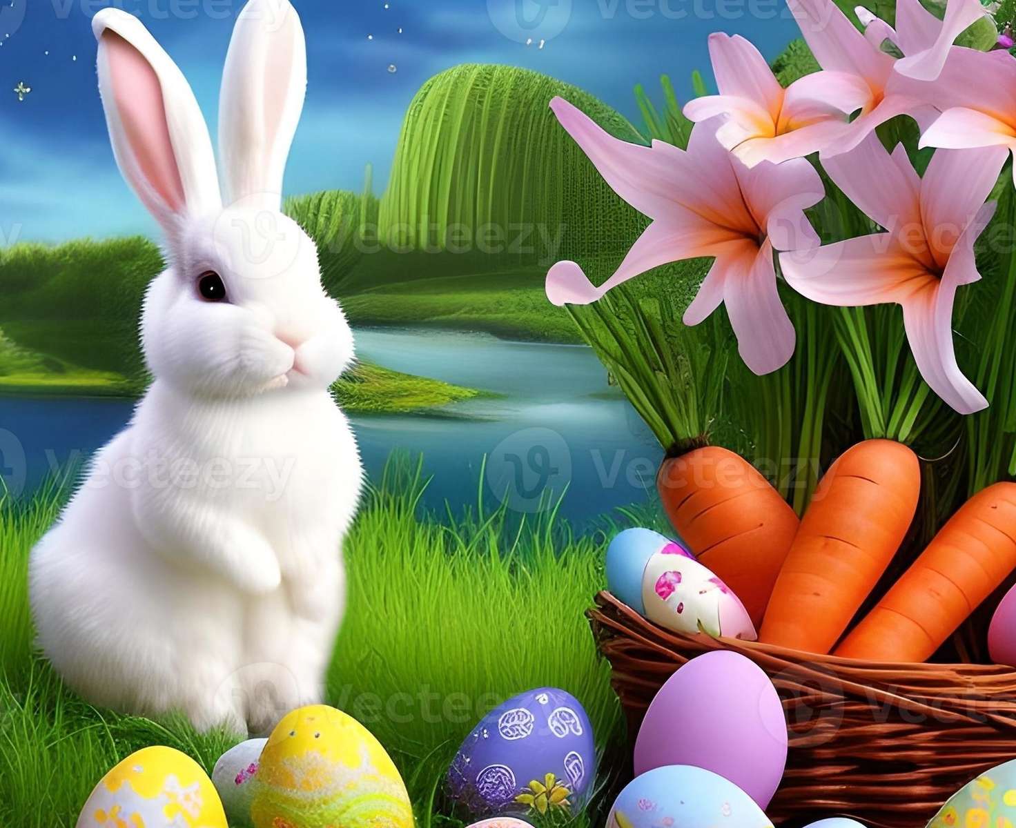 Zajíc na trávě a velikonoční vajíčka skládačky online