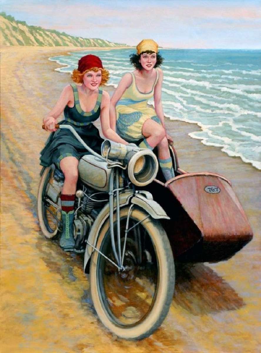 Med motorcykeln, på stranden Pussel online