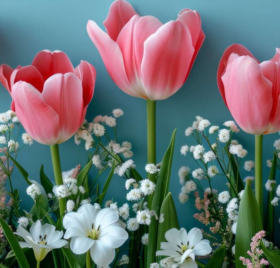 Tulipanes entre flores blancas. rompecabezas en línea