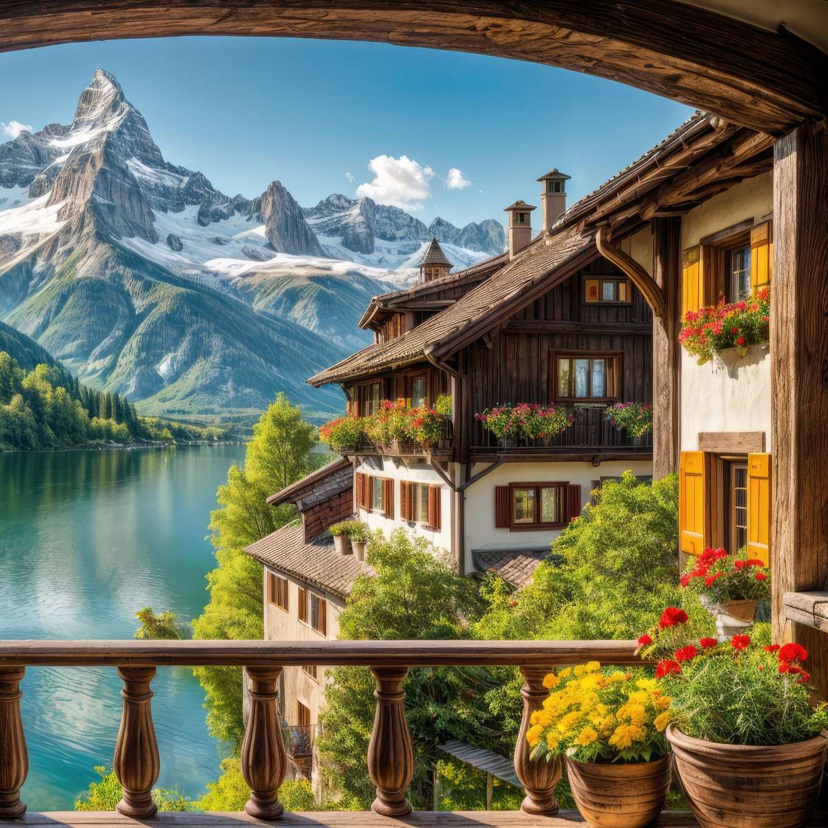 Blick von der Terrasse auf den See und die Berge Puzzlespiel online