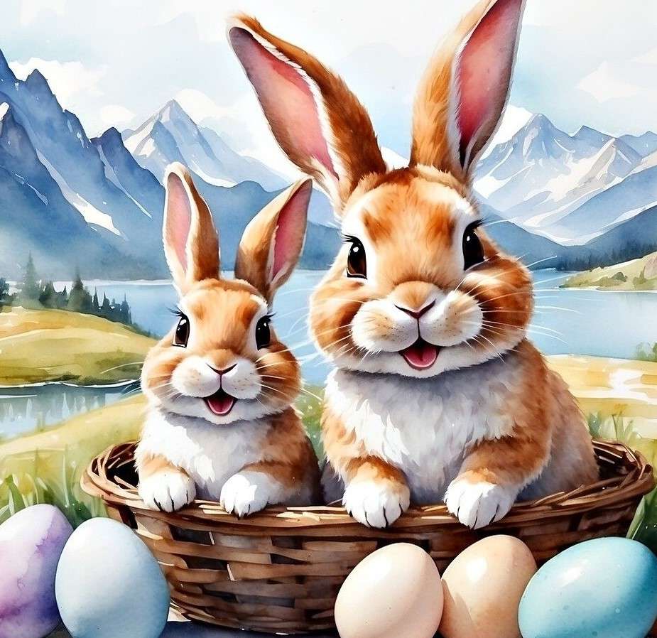 Кролики в кошику з пасхальними яйцями онлайн пазл
